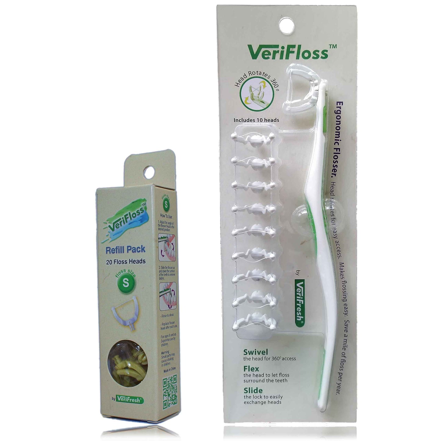 VeriFloss Dental Flosser with 10 Head M Refill + 20 Head S Refill - Teeth flossers for Adults & Kids - Ergonomic Swivel Head