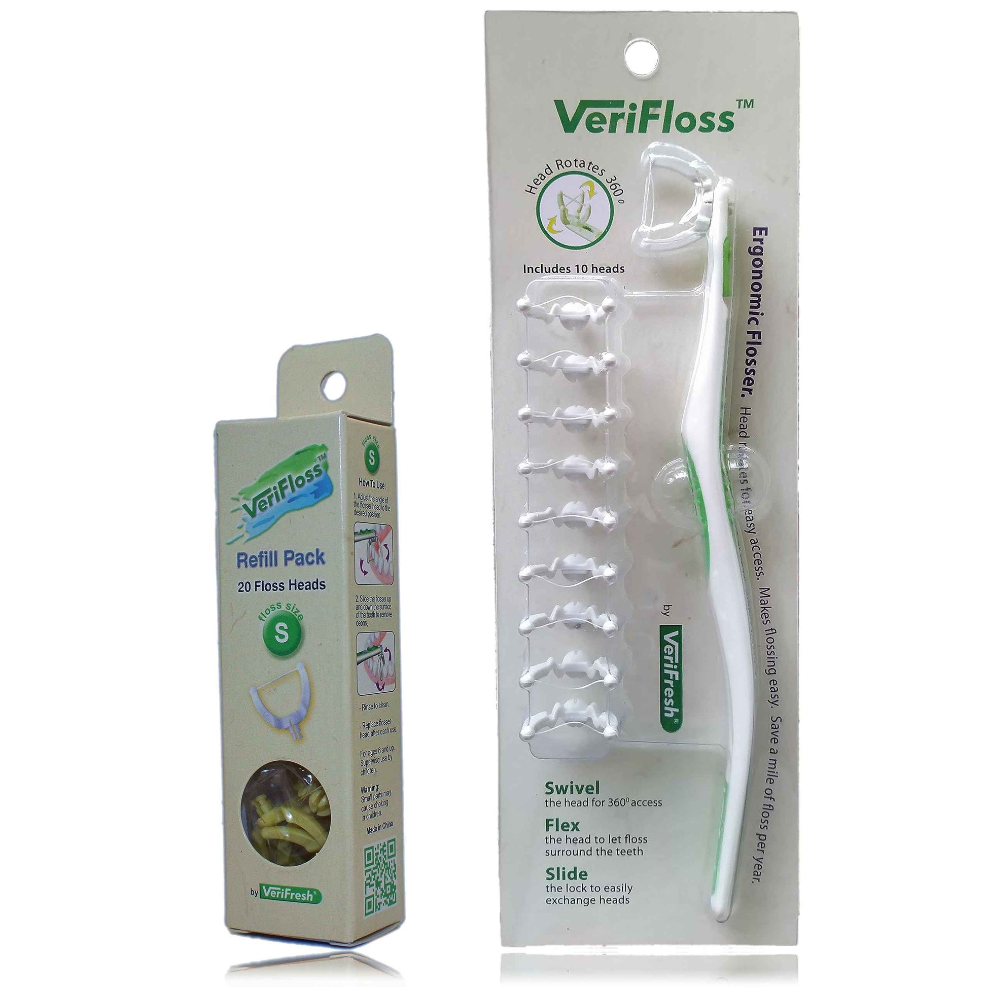 VeriFloss Dental Flosser with 10 Head M Refill + 20 Head S Refill - Teeth flossers for Adults & Kids - Ergonomic Swivel Head