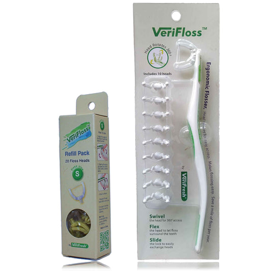VeriFloss Dental Flosser with 10 Head M Refill + 20 Head S Refill - Teeth flossers for Adults & Kids - Ergonomic Swivel Head