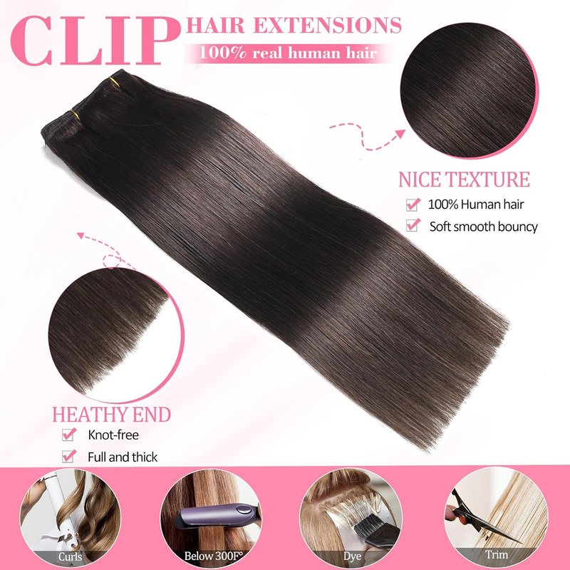Real Human Hair Clip-In Extensions - Seamless Invisible 8Pcs Double Weft Dark Brown 14 Inch 80g