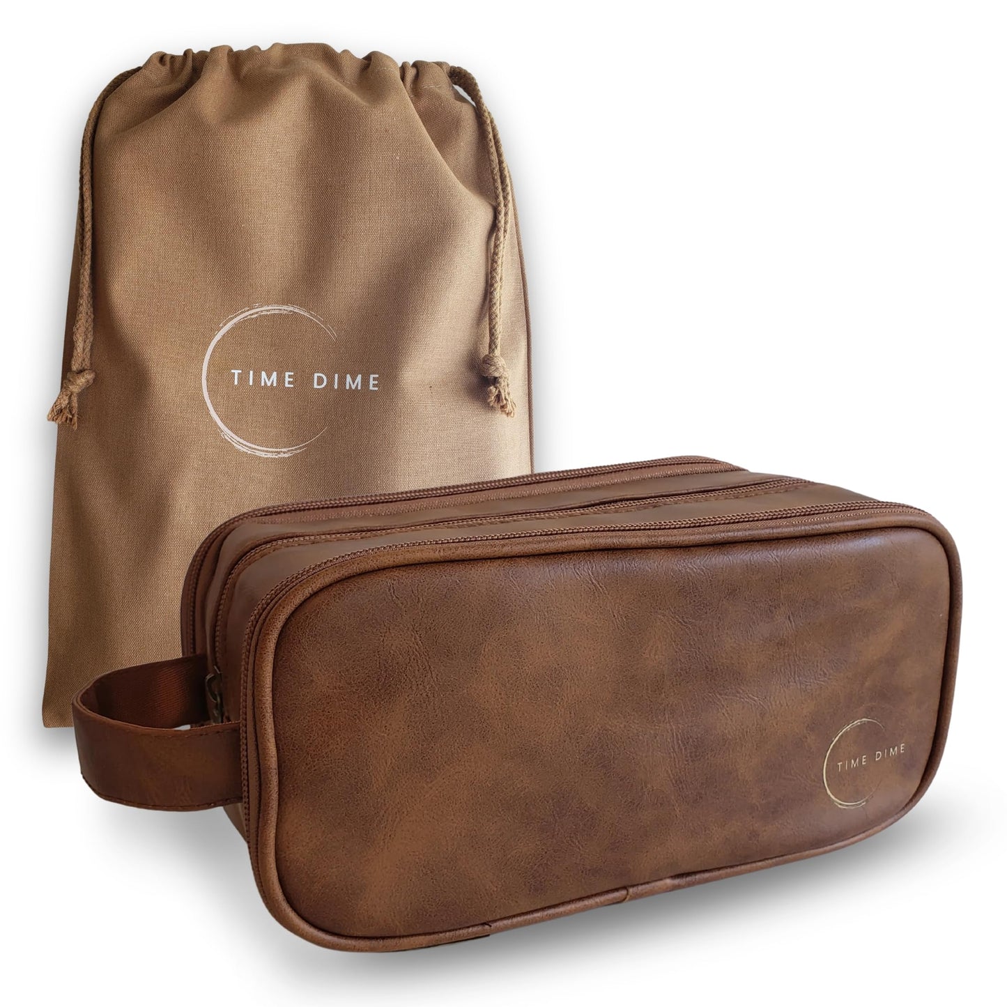 Time Dime Premium Men’s Toiletry Bag with Drawstring Pouch – Durable Water-Resistant Leather-Look Travel Organizer for Shaving, Grooming & Hygiene Essentials (Light Brown)