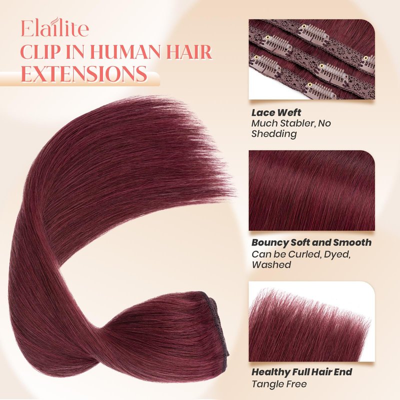Elailite Clip in Hair Extensions Real Human Hair 3PCS Lace Weft Remy Hairpieces for Women 14 Inch 66g Medium Brown