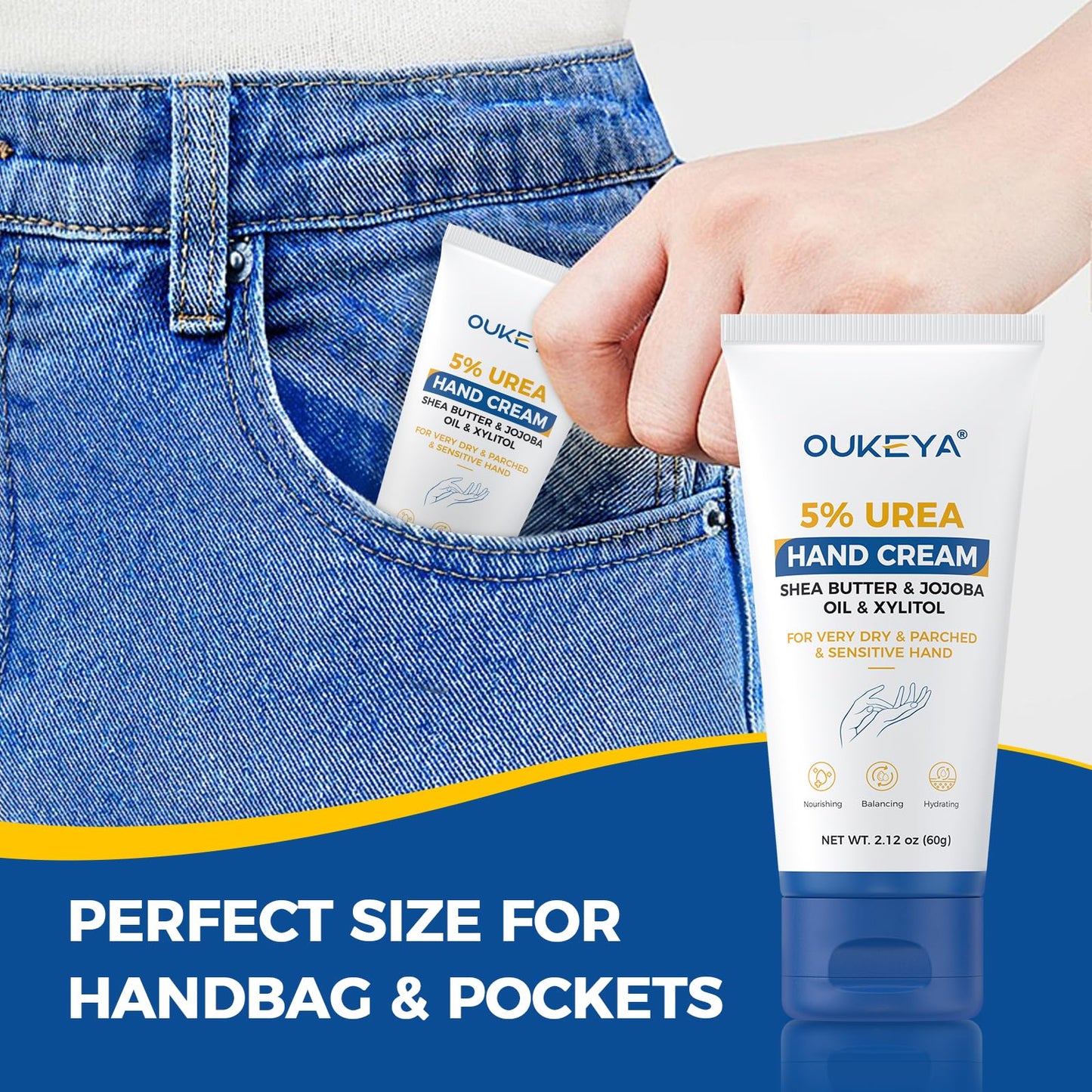 OUKEYA Urea Hand Cream - With 5% Urea Deep Nourishment for Hands, Fast-Absorbing Hydration for Soft Skin with Jojoba Seed Oil & Shea Butter - Perfect Travel Size for On-the-Go Care