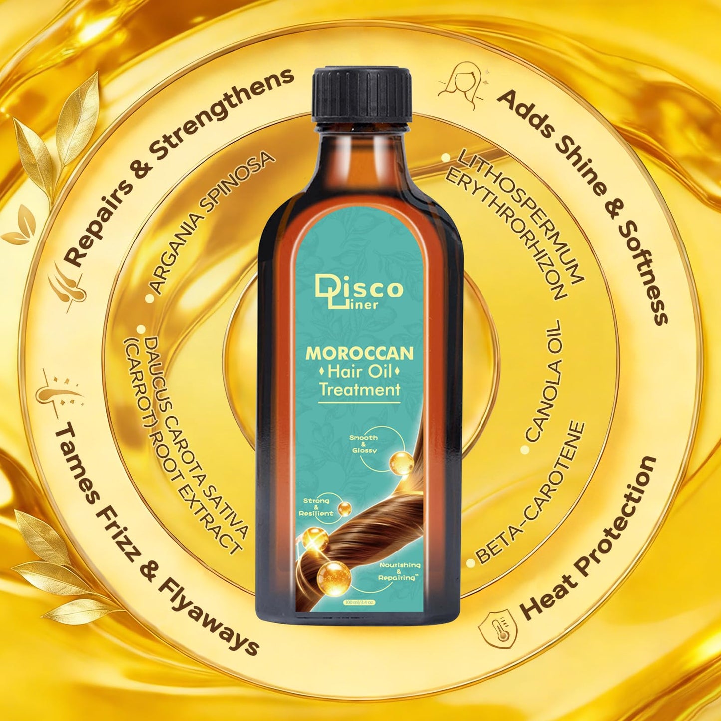 Discoliner Luxury Moroccan Hair Oil for Dry, Frizzy Hair & Split Ends, Hair Oil Treatment for Shine, Hydration & Repair (1, 100, Milliliters)