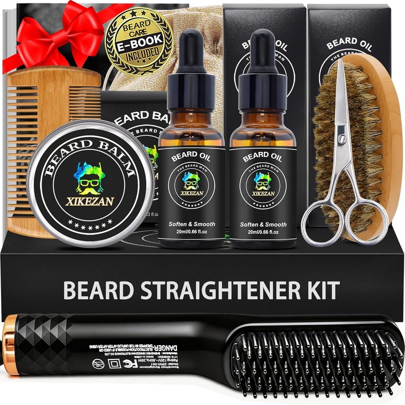 Beard Straightener Grooming Kit for Men | 2-Pack Growth Oil, Natural Balm, Comb & Scissors - Travel-Friendly, Auto Shut-Off