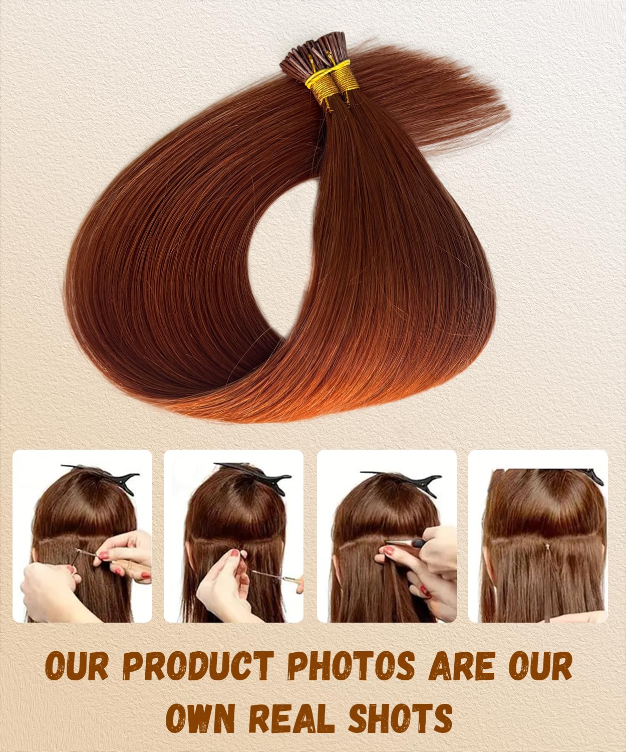 Belaved Auburn I Tip Hair Extensions Real Remy Human Hair Extensions Straight Add Length Volume Seamless Invisable #550 for Party Wedding 16inch 50g