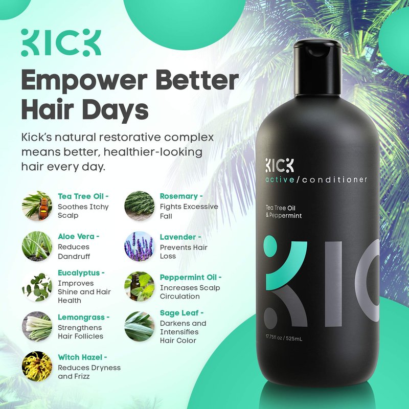 KICK Mens Conditioner - Tea Tree and Peppermint for Hair Loss - Proven High Performance Pro-Nourishing Mens Natural Anti Dandruff Treatment - 17oz