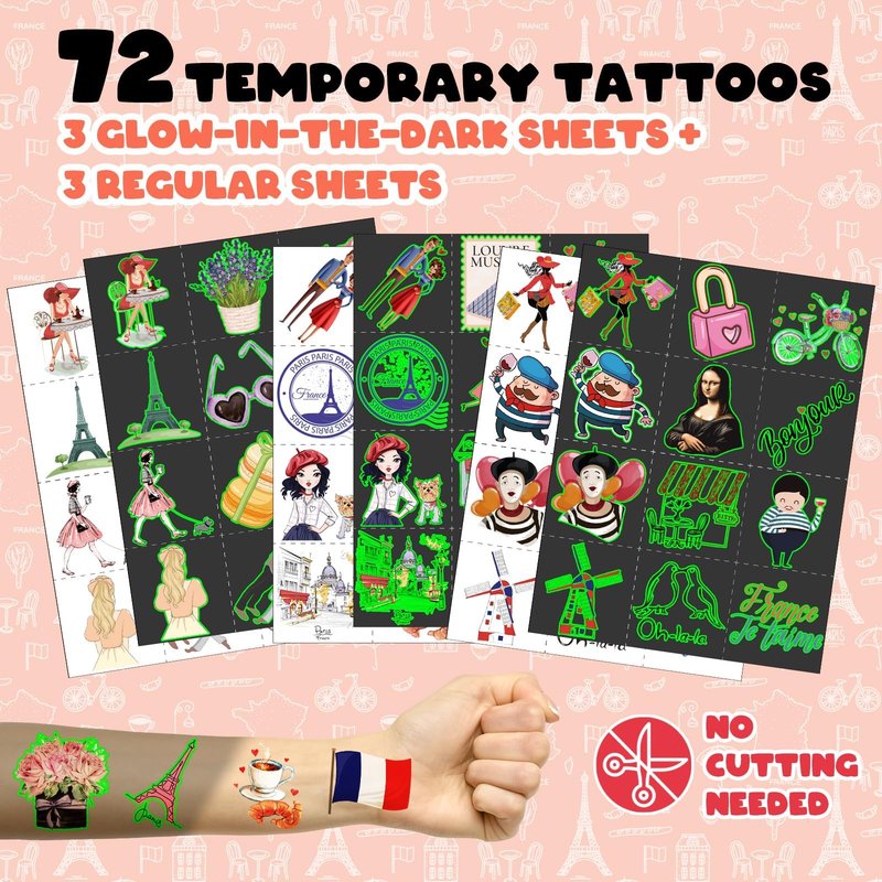 BOIKOKY 96 PCS Paris Party Favors Set – 72 Temporary Tattoos & 24 Slap Bracelets for Kids, Paris Themed Party Decorations & Gifts, Ideal Paris Souvenirs and Decor Toys