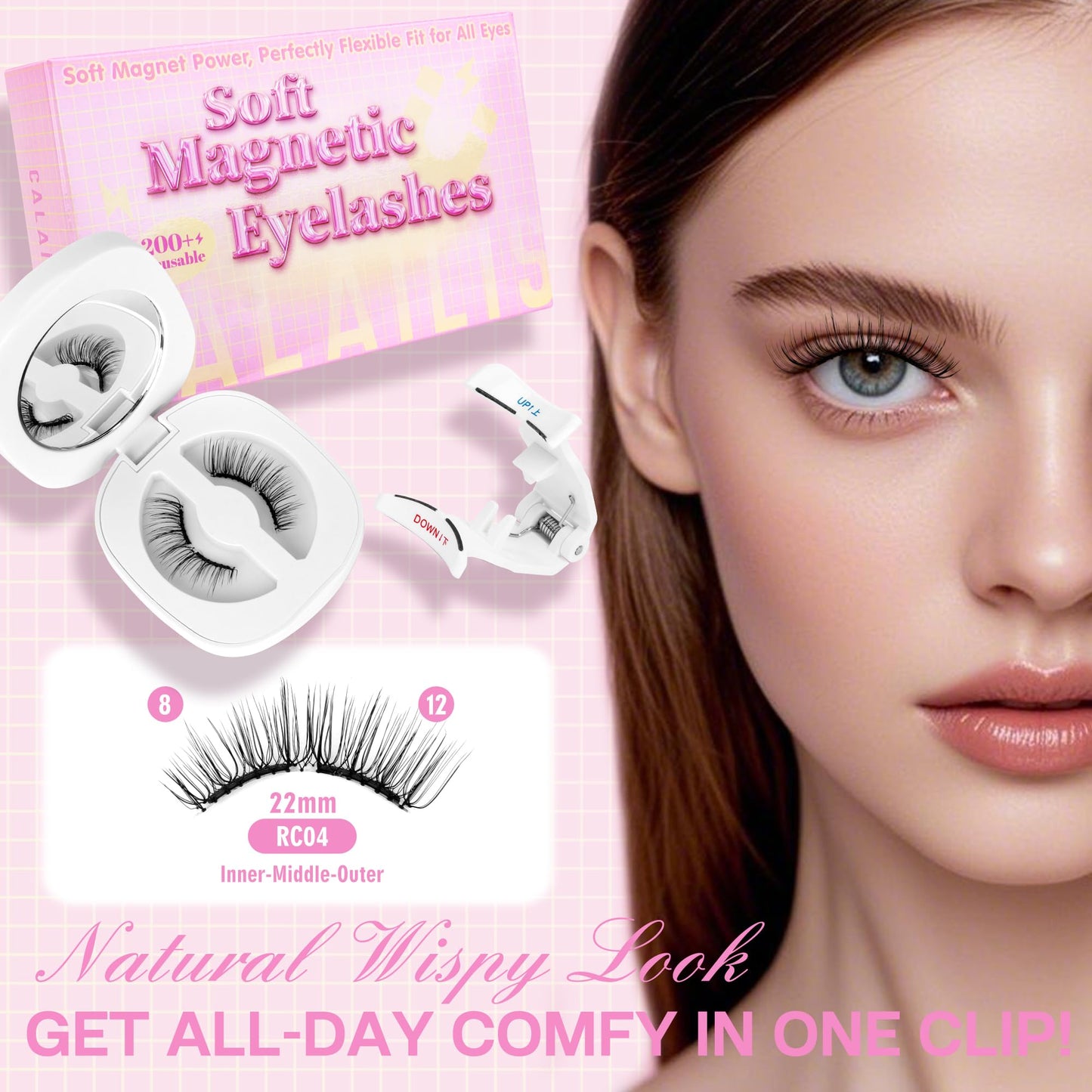CALAILIS Magnetic Eyelashes with Applicator Upgrade Soft Magnetic Lashes Natural Look Reusable No Glue or Eyeliner Needed Easy to Wear and Remove (RC04, 1 Pack)