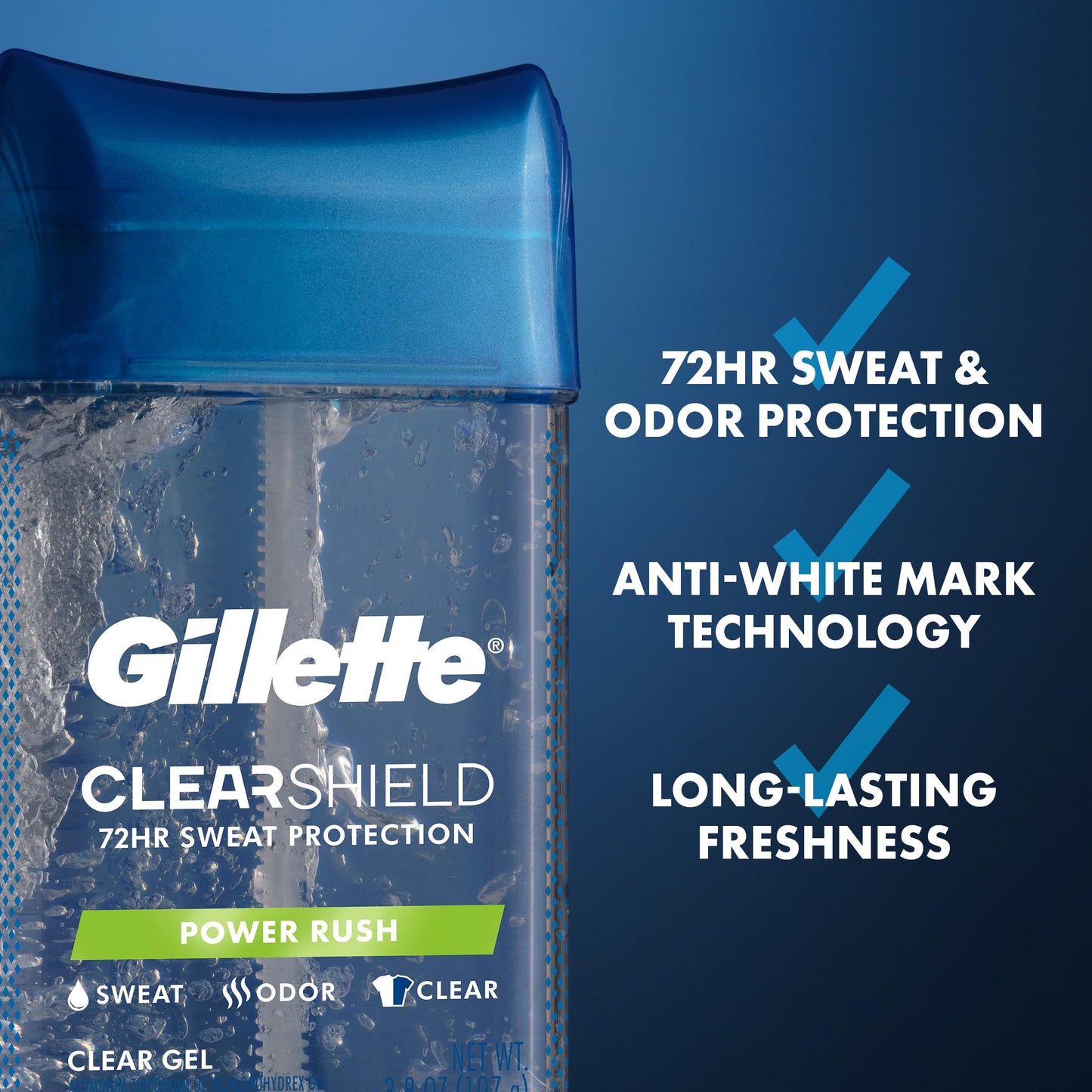 Gillette Antiperspirant and Deodorant for Men, 72hr Sweat & Odor Protection, Long Lasting Freshness, Anti-White Mark Technology, Clear Gel, Power Rush Scent, 3.8 oz (Pack of 3)