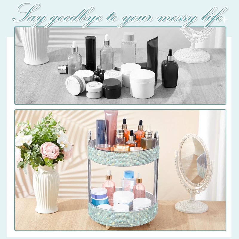 Honeydak 360 Rotating Perfume Organizer for Mother Day Nurse Day Rhinestone Bathroom Counter Organizer Makeup Holder Skincare and Perfume Storage for Cosmetic Countertop(2 Tiers,Resin Stone,Silver)