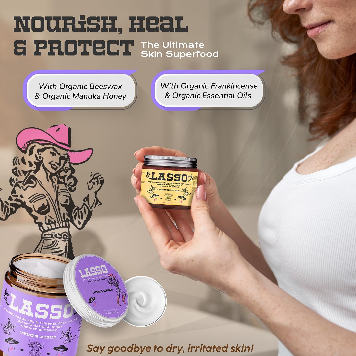 LASSO Beef Tallow Face Moisturizer with Grass-Fed/Finished Beef Tallow for Skin, Manuka Honey and Beeswax, Unscented and Manuka Honey Balm