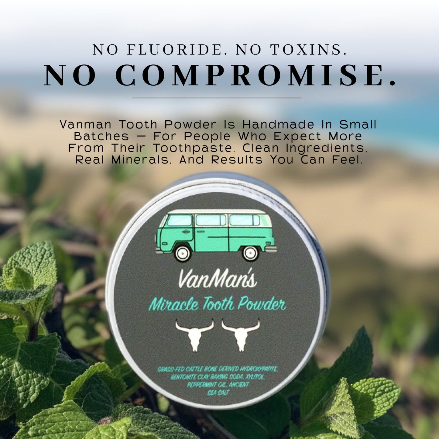 Vanman’s - Mint and Bone Tooth Powder Toothpaste - Remineralizing Tooth Powder with Cattle Bone Derived Hydroxyapatite, Bentonite Clay, Peppermint Oil and Baking Soda - 2.2 oz