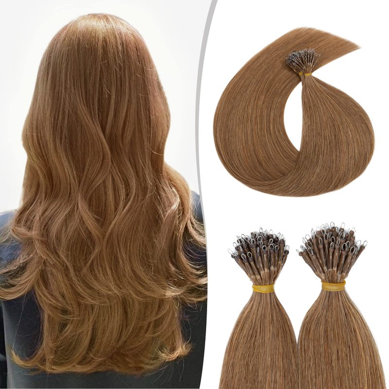 16inch Nano Beads Ring Hair Extensions Human Hair Light Auburn Pre Bonded I Tip Keratin Cold Fusion Stick Tipped Hairpiece Iron Loop Link Straight Micro Bead Remy Hair for Women #30 50g 50strands