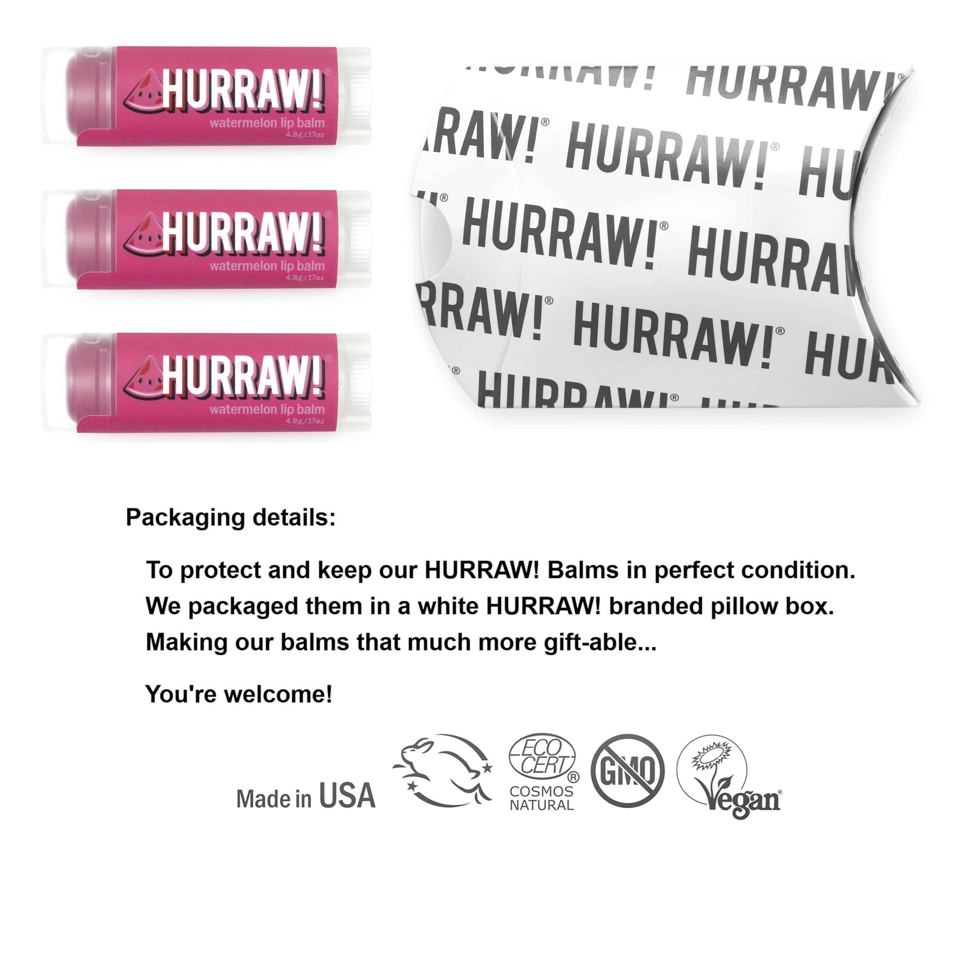Hurraw! Watermelon Lip Balm, 3 Pack: Organic, Certified Vegan, Cruelty and Gluten Free. Non-GMO, 100% Natural Ingredients. Bee, Shea, Soy and Palm Free. Made in USA