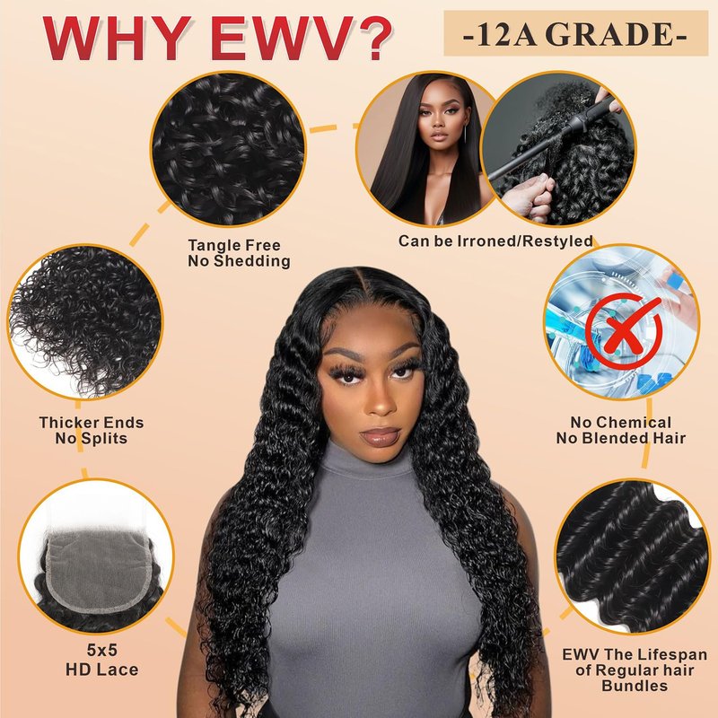 Human Hair Deep Wave Closure 12 Inch Invisible Ultra-thin 5x5 HD Lace Closure Deep Curly Brazilian Raw Virgin Human Hair Closure for Women Natural Black