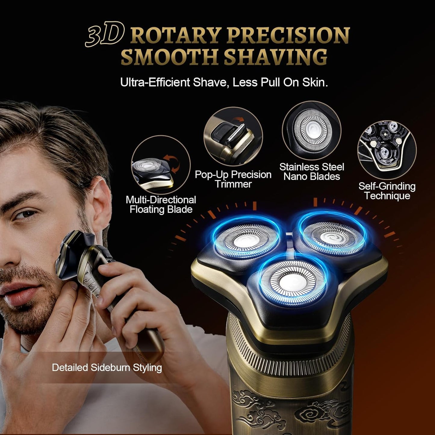 Electric Razor for Men - Rechargeable Cordless Shaver with Pop-Up Trimmer | IPX7 Waterproof, Gold