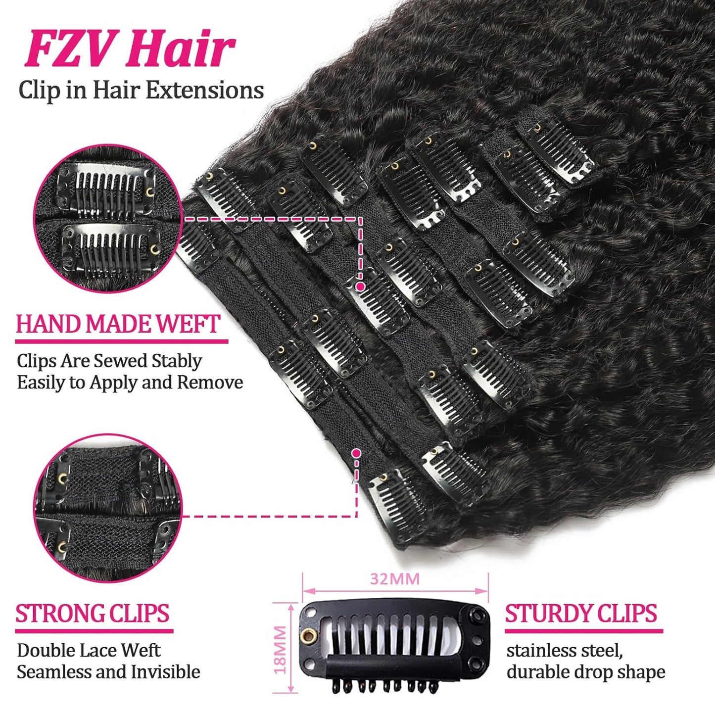 Real Human Hair Clip In Extensions - 20 Inch Kinky Straight, 120g, Full Head, Natural Black