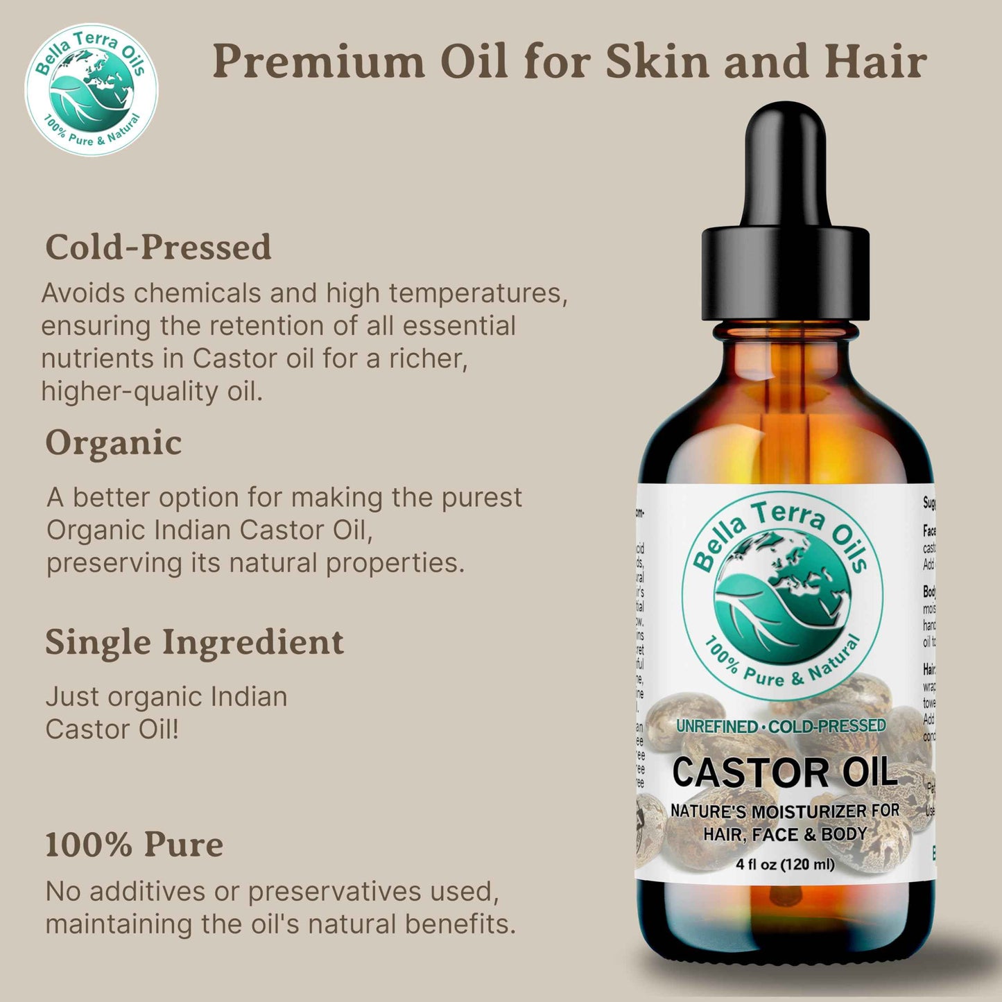 Bella Terra Oils - Organic Castor Oil 16 oz - A Nutrient-Dense Experience, Packed with Minerals & Omega-9 Fatty Acids, Elevate Your Beauty Regimen
