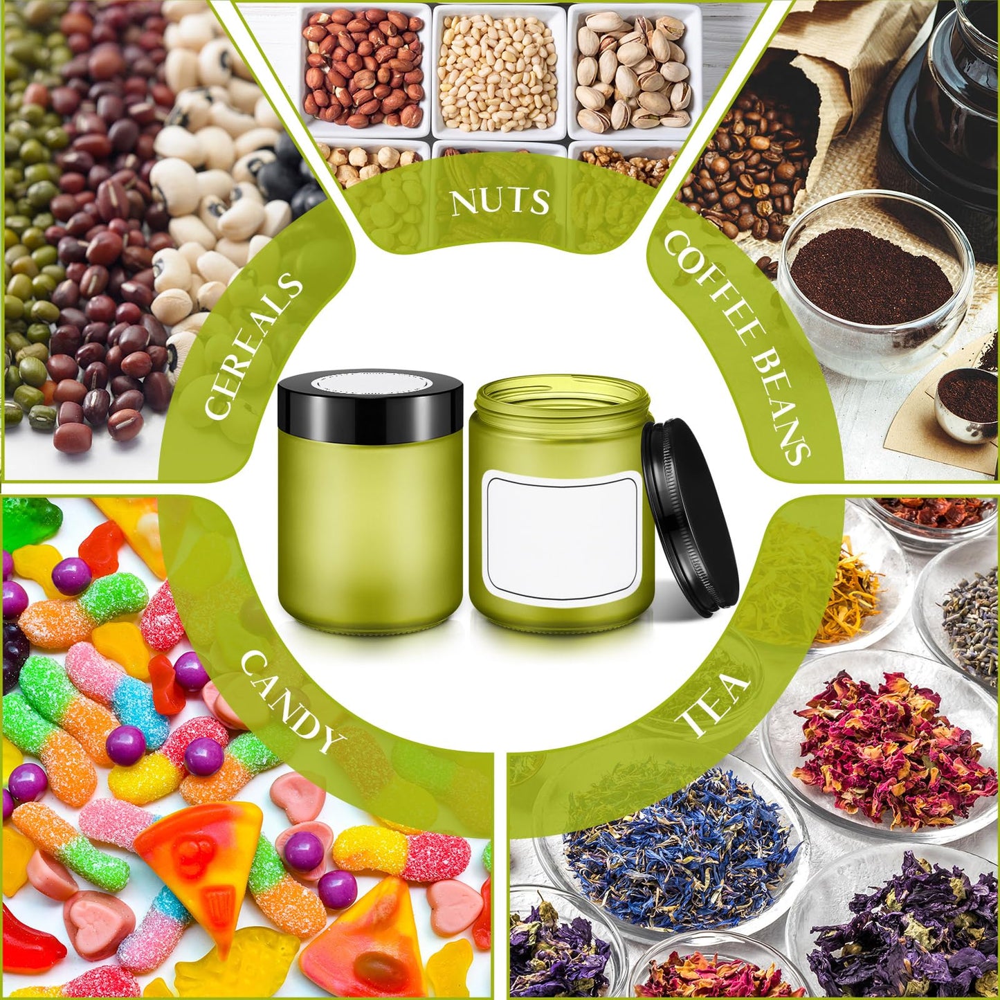 Norme 12 Pcs 8oz Thick Glass Jars with 24 Plastic Metal Inner Liners Lids Empty Glass Jars with 24 Label Airtight Storage Containers Operation Christmas Items for Lotions Creams(Green)