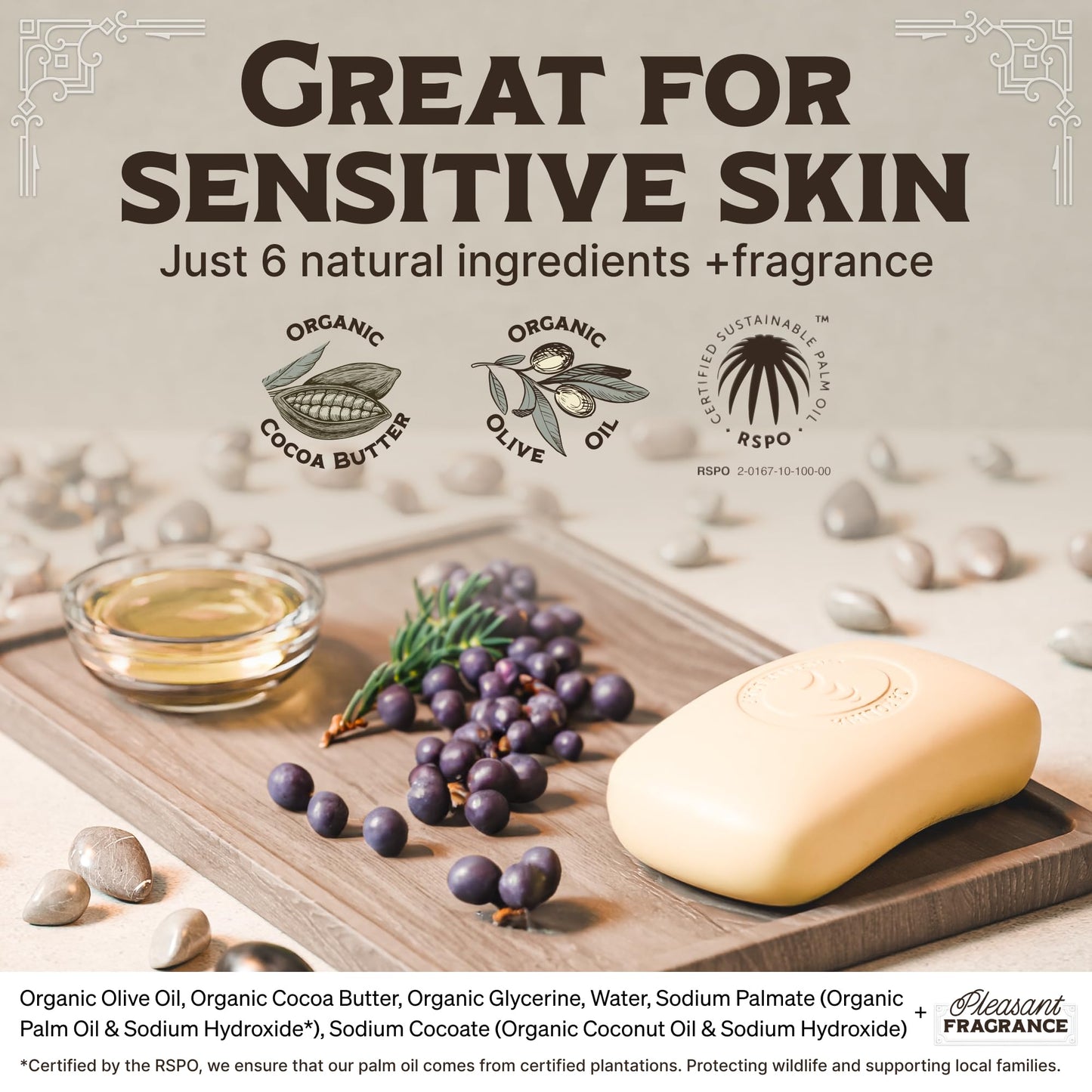 Body Wash Castile Soap Bar for Sensitive Skin – Long Lasting Natural Bar Soap for Men w/Olive Oil and Cocoa Butter - Vegan Gin & Juniper Scented by Carolina Castile, 5 oz Each