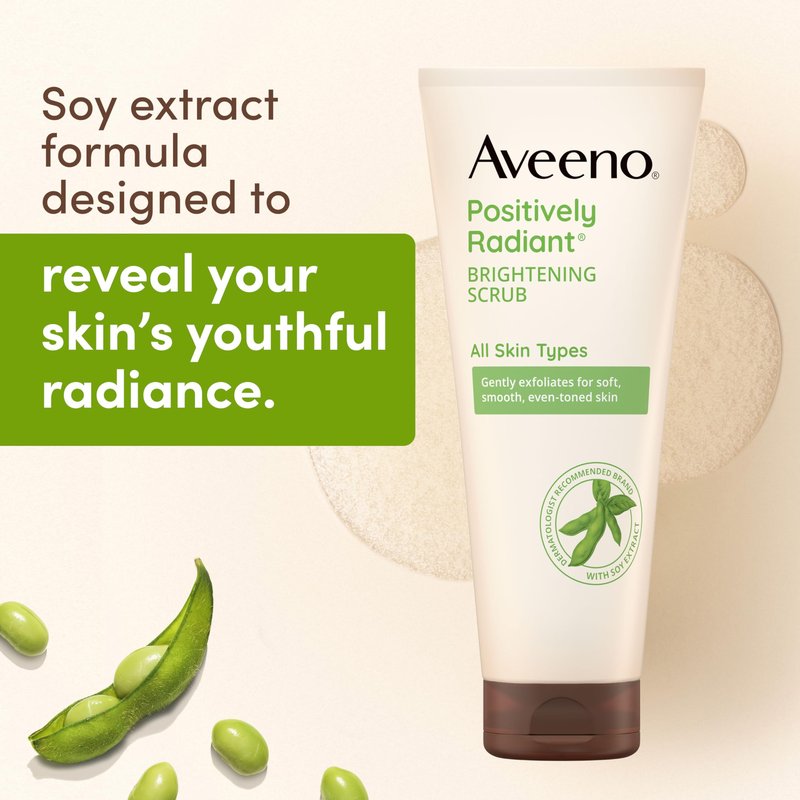 Aveeno Positively Radiant Skin Brightening Exfoliating Daily Facial Scrub, Moisture-Rich Soy Extract, helps improve skin tone & texture, Oil-& Soap-Free, Hypoallergenic, Travel Size, 2 oz