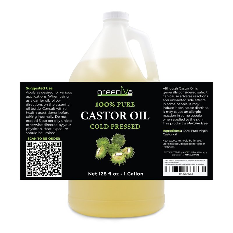 GreenIVe 100% Pure Castor Oil – Cold-Pressed, Hexane-Free – Hair, Eyebrows, Eyelashes, Skin Moisturizer, Castor Pack Wrap Oil Bulk Bottle (1 Gallon)