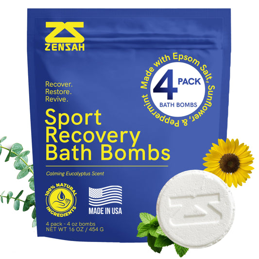 Zensah Sport Recovery Bath Bombs - Magnesium Epsom Salt for Soaking Sore Muscles, Birthday Gifts, Made in USA with Essential Oils, Peppermint and Eucalyptus Relaxation for Athletes