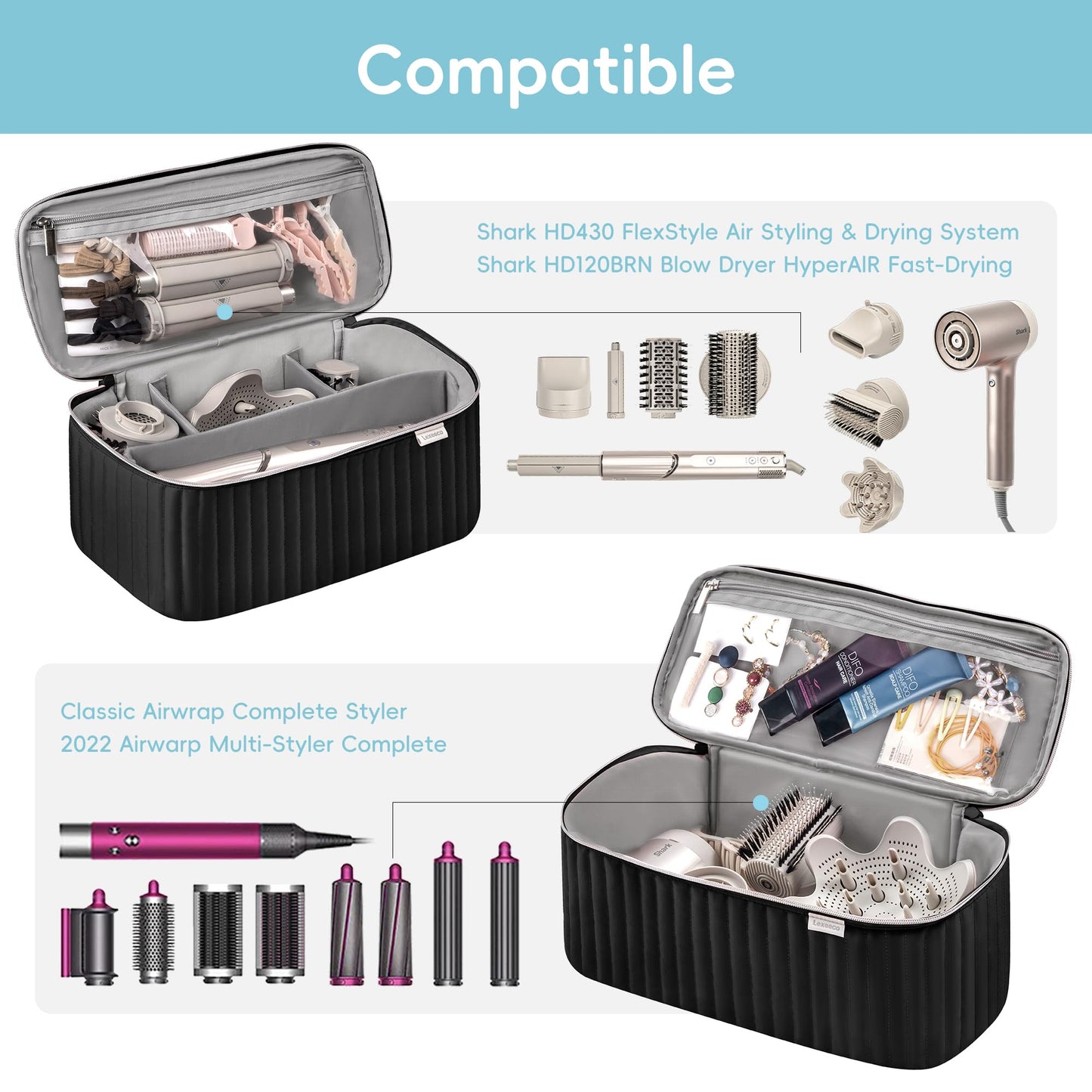 Lexeeco Travel Carrying Case for Hair Dryer Shark Flexstyle Dyson Airwrap Brush Hair Accessories Tools Storage Bag for Revlon Hairdryer Styler Organizer (Black)