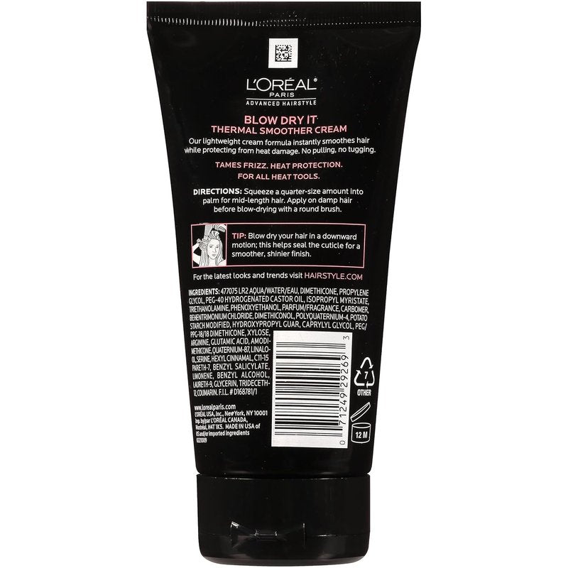 L'Oreal Paris Advanced Hairstyle Blow Dry Cream - Thermal Smoother, 5.1 Oz for Frizz Control