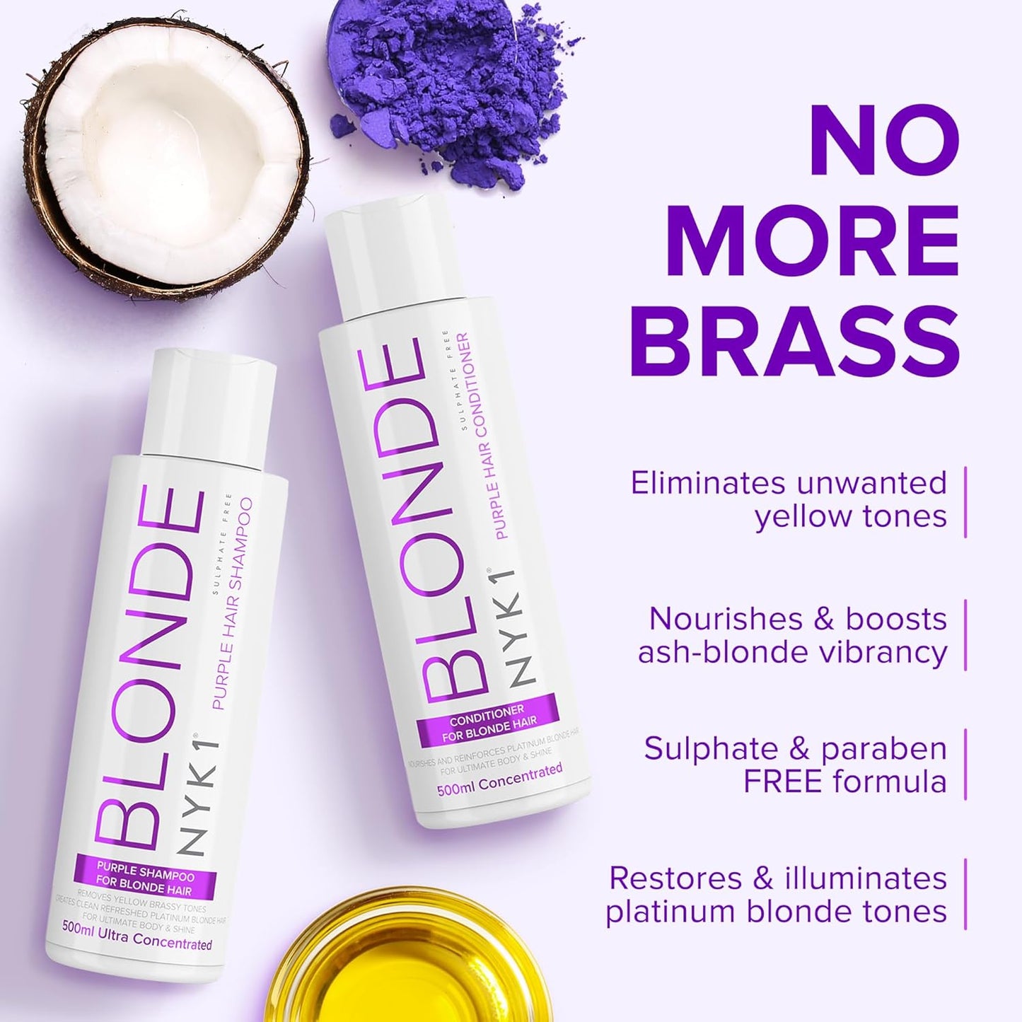 NYK1 NO MORE BRASS Purple Shampoo & Conditioner Set - Sulfate Free, 2 x 16.9 Fl Oz | Eliminate Yellow Brassy Tones for Blondes