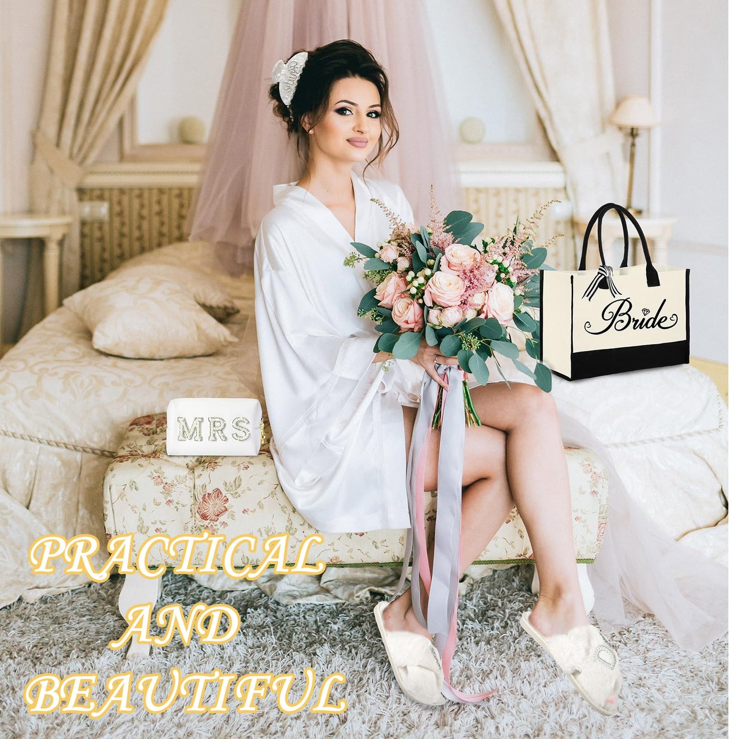 Tkifoda Bride to Be Gifts, Bridal Shower Gifts, Wedding Gift, Bride Tote Bag Makeup Bag Robe Slippers Hair Clip I Do Slippers Wedding Robe Cosmetic Bag
