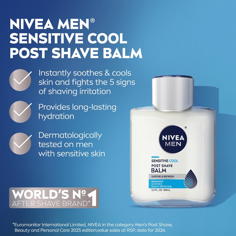 NIVEA MEN Sensitive Cool Post Shave Balm, Enriched with Chamomile and Seaweed Extracts, Alcohol Free After Shave Balm for Men, 3.3 Fl Oz Bottle, Pack of 3
