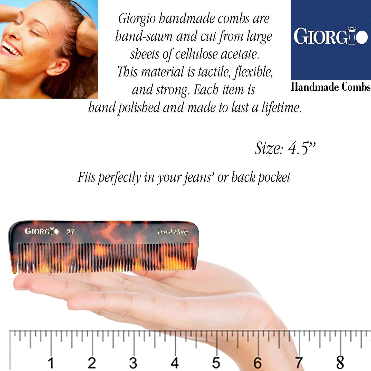 Giorgio Beard Combs Set - Handmade Combs Kit for Everyday Beard and Mustache Grooming - Includes Fine and Wide Tooth Pocket Dresser Comb + Straightening Mustache Comb, Handmade