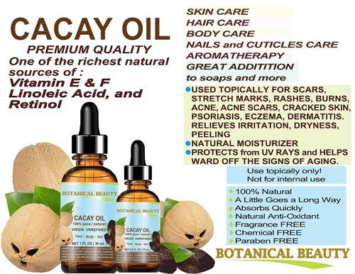 Botanical Beauty CACAY OIL 100% Pure Natural Virgin Unrefined Cold-pressed carrier oil WILD GROW 0.5 Fl oz 15 ml For Face, Skin, Body, Hair. Anti Wrinkle Face Oil Natural Retinol Vitamin A, Vitamin E