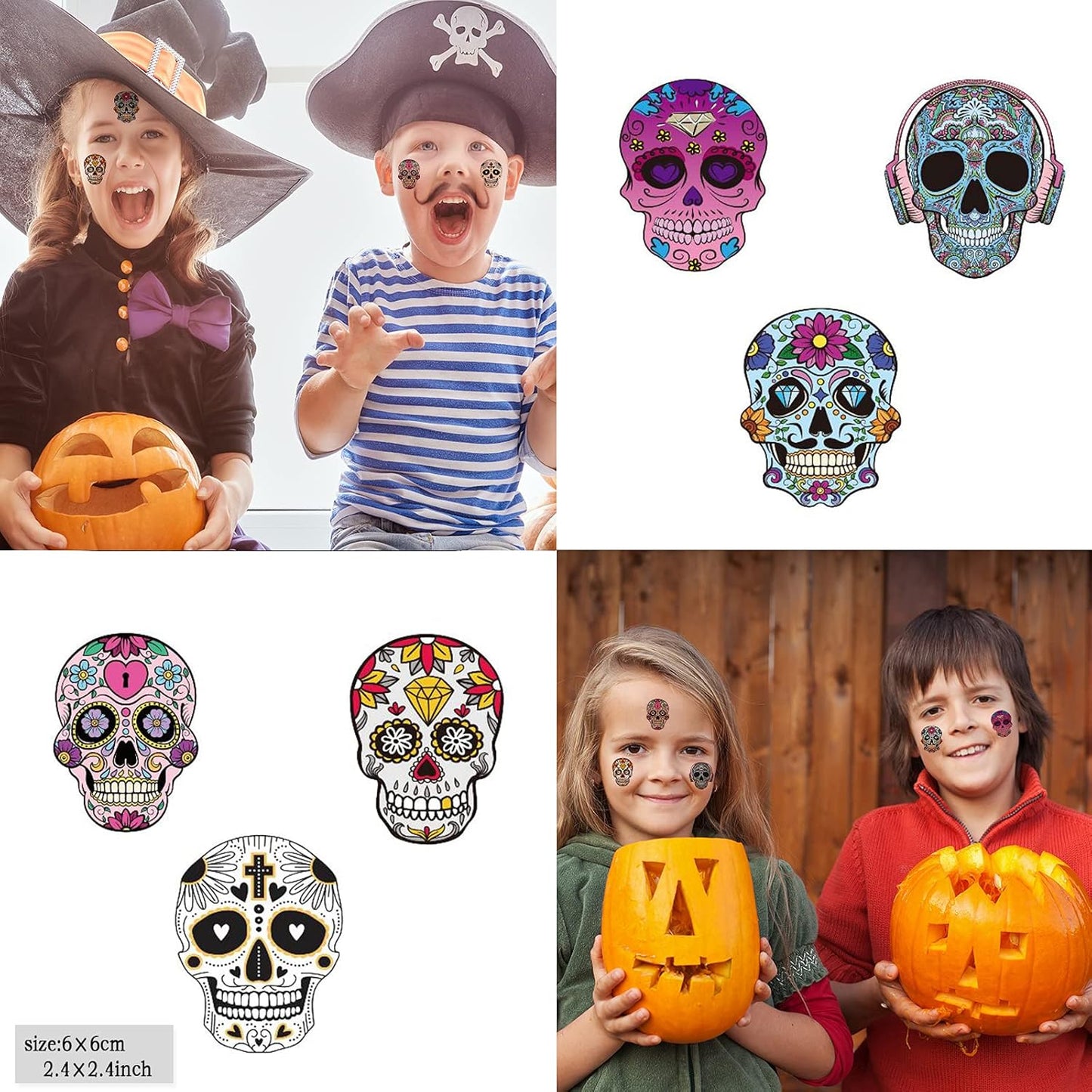 12 Sheets Halloween Face Tattoos - Day of the Dead Sugar Skull Designs | Large Temporary Tattoos