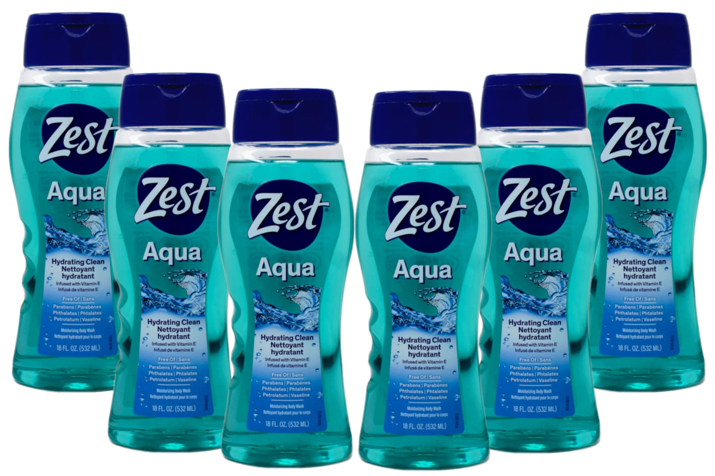 Zest Hydrating Body Wash - Aqua - Moisturizing Body Wash for Men and Women - Bath Soap with Vitamin E - Gentle Paraben Free Formula - 6 pc
