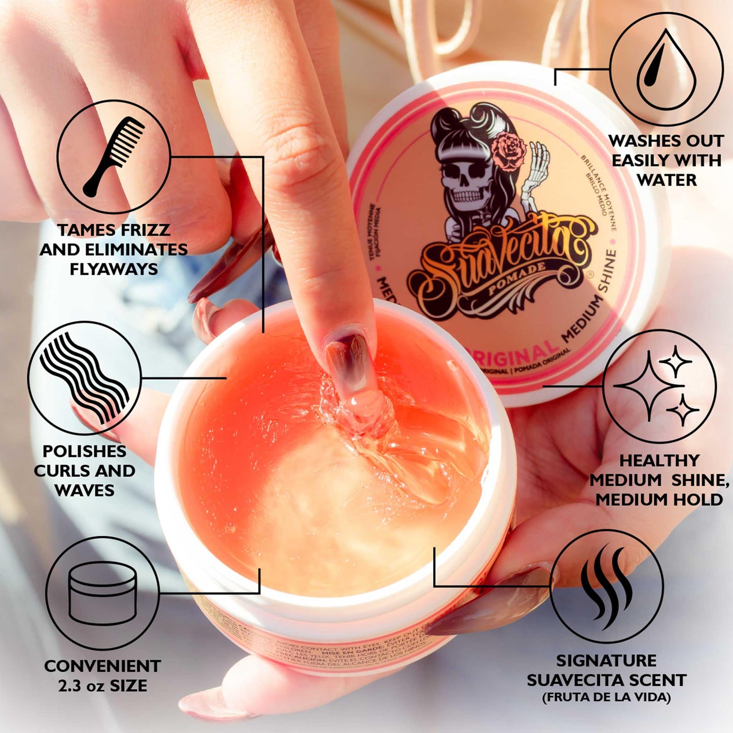 Suavecita Pomade for Women 2.3 oz Can - Medium Hold, High Shine, Water Based, Wax Like Flake Free - All Day Hair Free Gel Hairstyles Easy to Wash Off