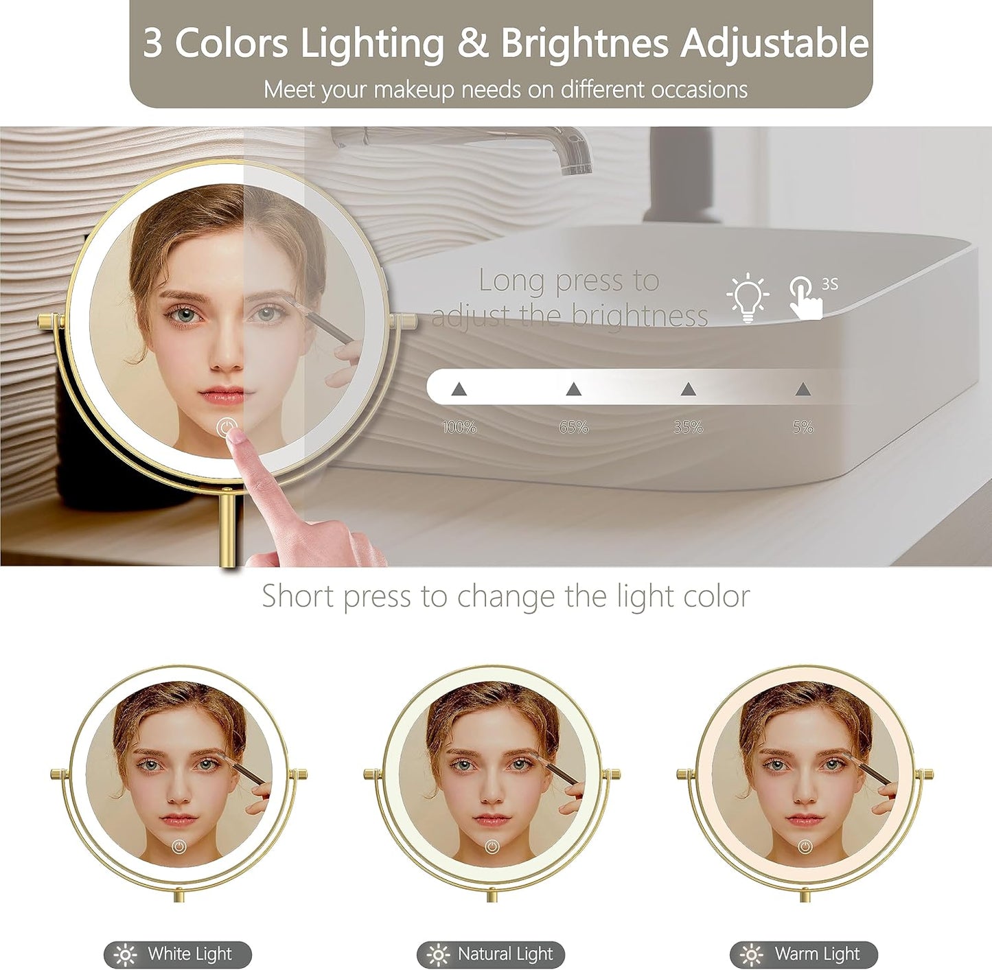 Lighted Makeup Mirror - 1X/10X Magnification, Dimmable & Rechargeable | Adjustable Height, Gold Finish