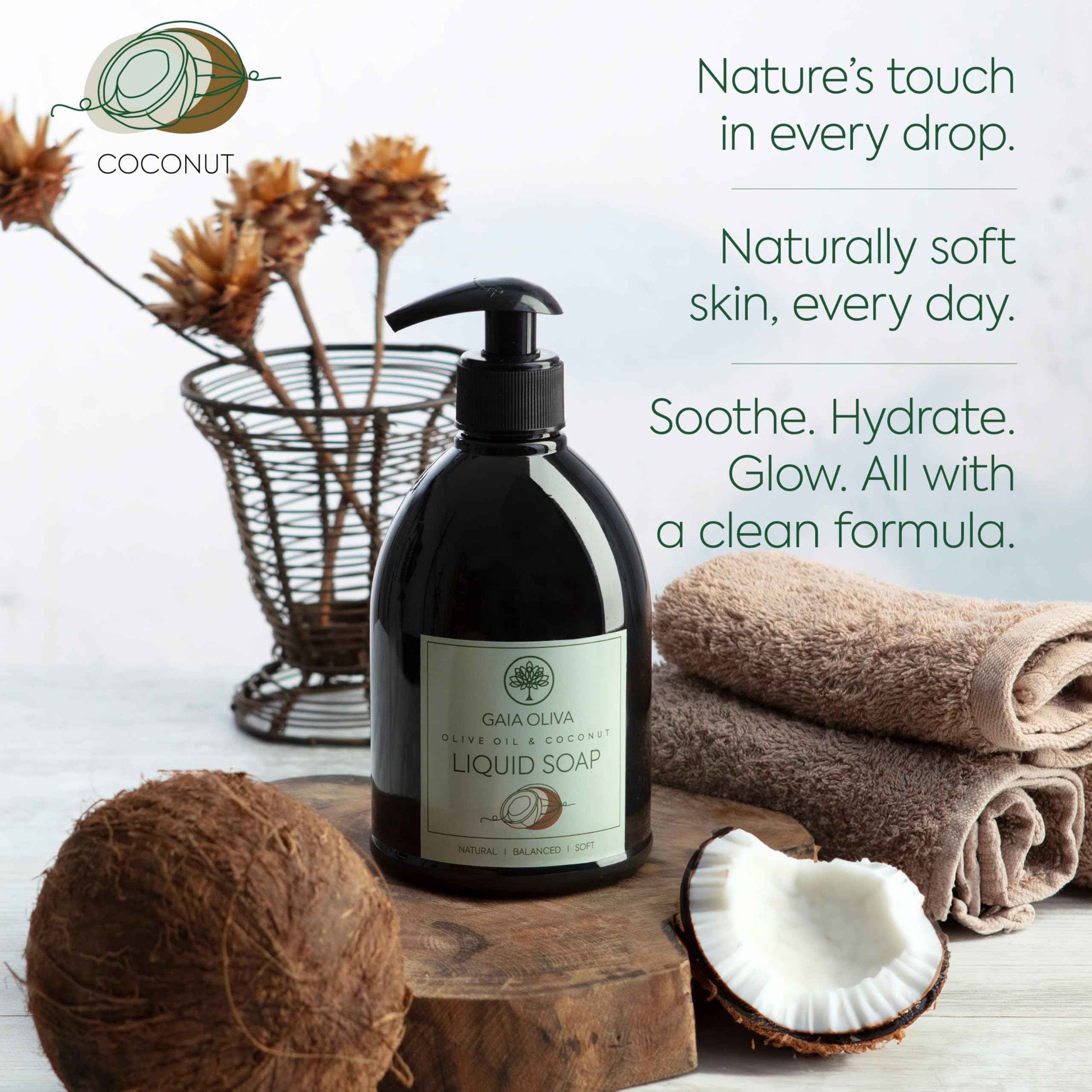 GAIA Oliva Olive Oil Hand Soap Liquid – Luxury Moisturizing Liquid Hand Soap for Bathroom & Kitchen, Natural Ingredietns for Dry, Cracked Hands with Coconut Scent – 16.9 FL OZ Bottle (Pack of 2)