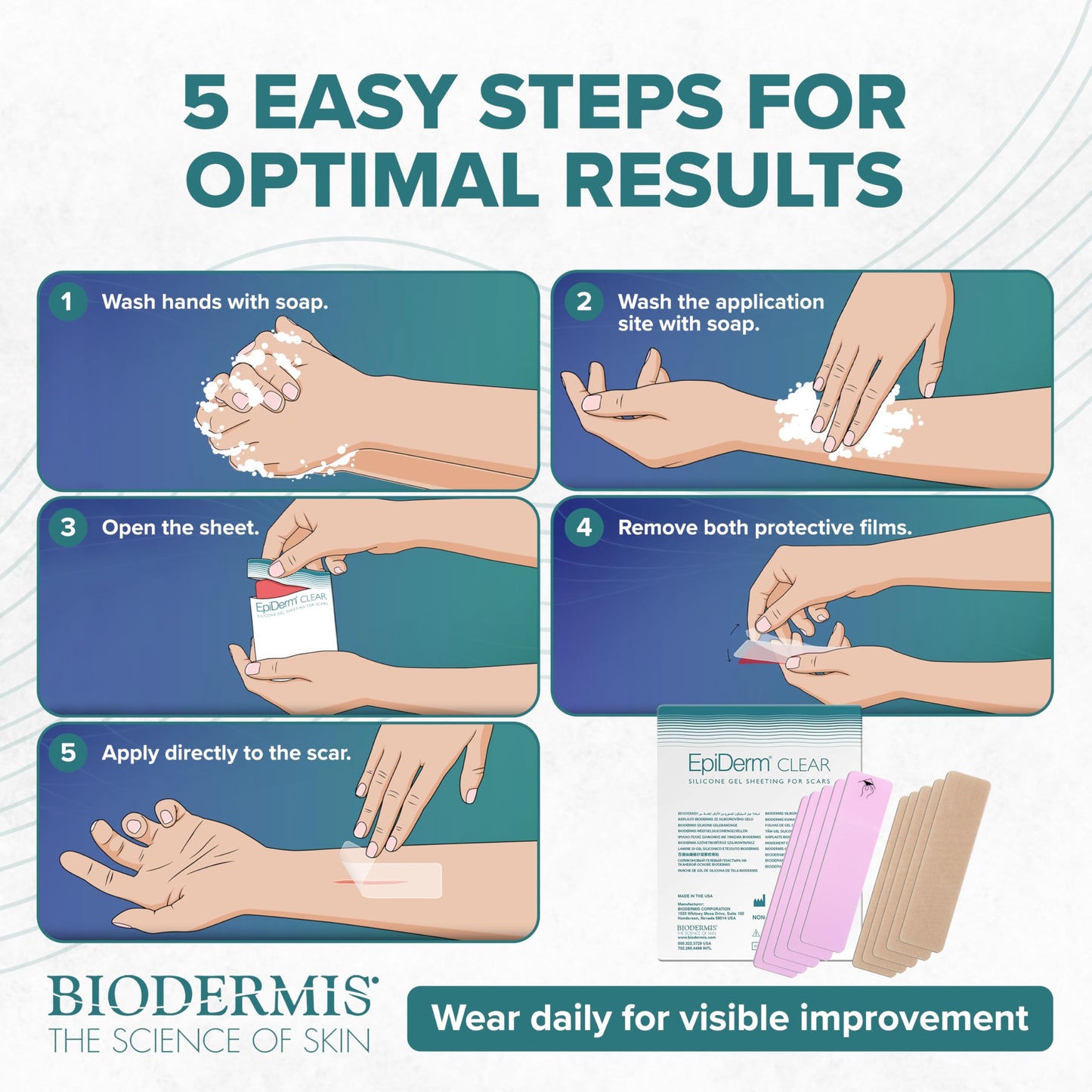 Epiderm Silicone Gel Strips - Silicone Tape for Scar Care - C Section, Tummy Tuck Tape & Cardiac Surgery Scars - Flexible & Reusable Strips - 1.4"x6" Clear