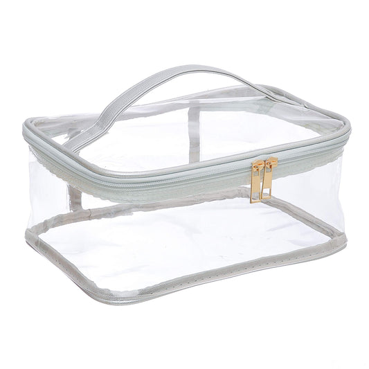 Large Cosmetic Bag for Women / Clear, See-Through Makeup, Hair & Nail Accessories Pouch for Travel or Home / Transparent PVC Plastic Organizer, Spacious Interior, Handle & Double Zippers (Silver)