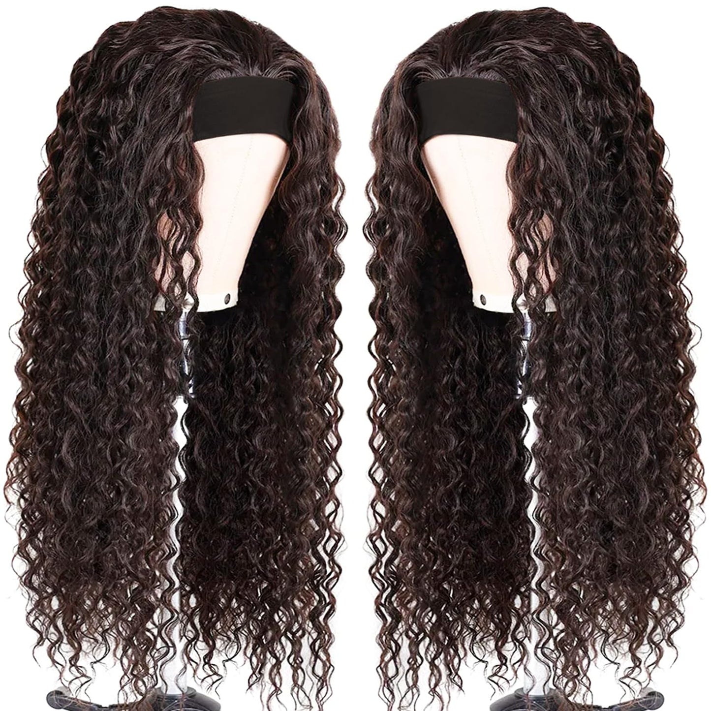 Headband Wig - Human Hair Deep Wave Half Wig | Glueless Brazilian Curly Wig for Black Women - 12 Inch, Chocolate Brown