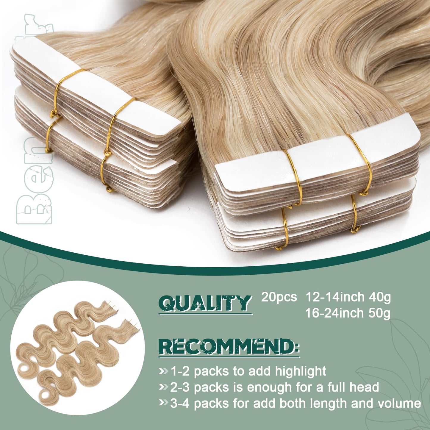 Benehair 20pcs Remy Tape in Hair Extensions Human Hair Ash Blonde&Bleach Blonde Seamless Skin Weft Tape in Real Human Hair Extensions Straight Hair 14 Inch 20g #18P613