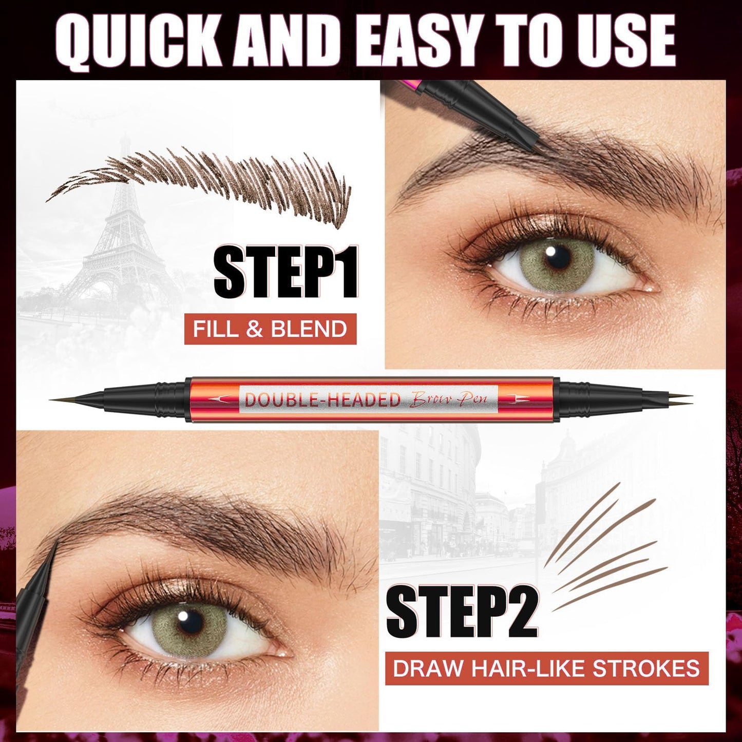 YeMoMo Double-Headed Eyebrow Pen, Ultra-Precise Dual Brush Tip, Long-Lasting Hair-Like Strokes, Available in 5 Natural Shades, 3# Dark Brown
