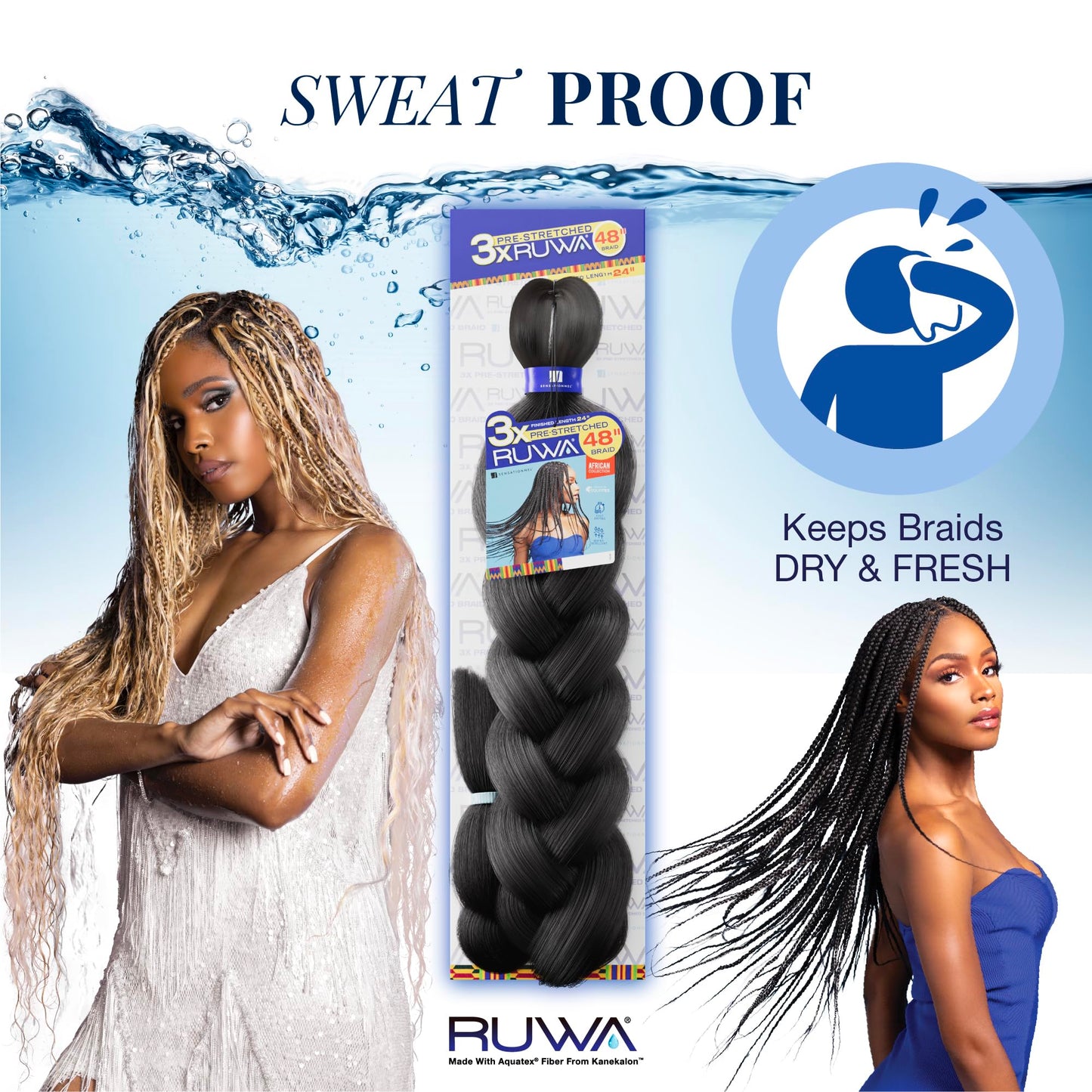 Sensationnel Ruwa prestretched braiding hair - 3x 48 inch water repellent kanekalon fast dry synthetic sports itch free (5 pack, 1 JETBLACK)