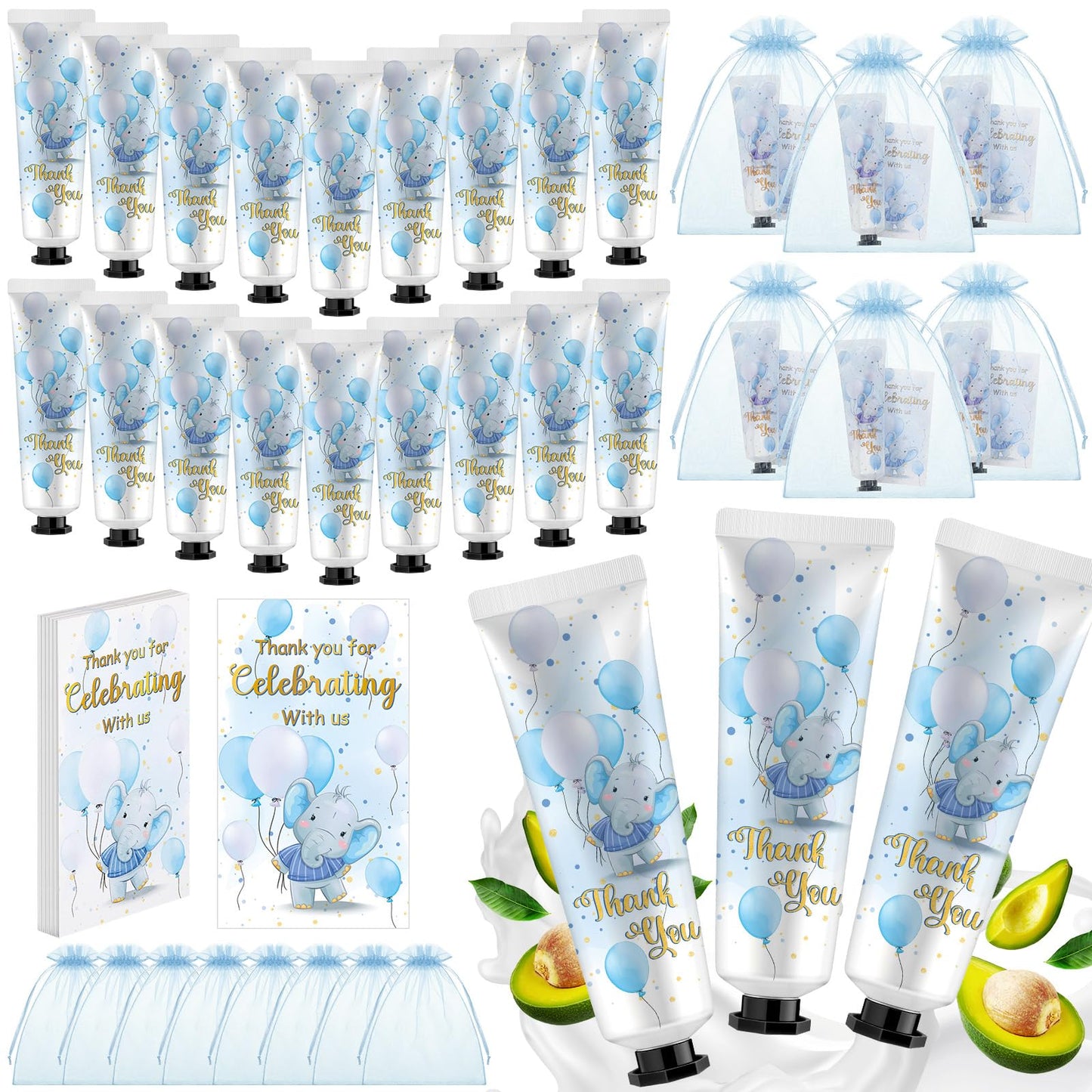 Swiffen 24 Sets Baby Shower Hand Cream Bulk Blue Elephant Shower Favors Bridal Thank You Appreciation Hand Cream for Guests Travel Size Lotion with Organza Bags
