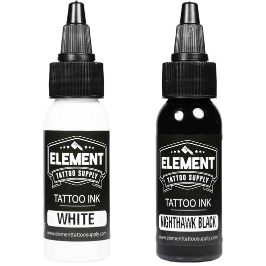 Element Tattoo Supply Black & White Tattoo Ink Set – Bright Bold Professional Pigments, Pre-Dispersed for Easy Blending, Shading & Long-Lasting Color Tattoos – 1oz Bottles