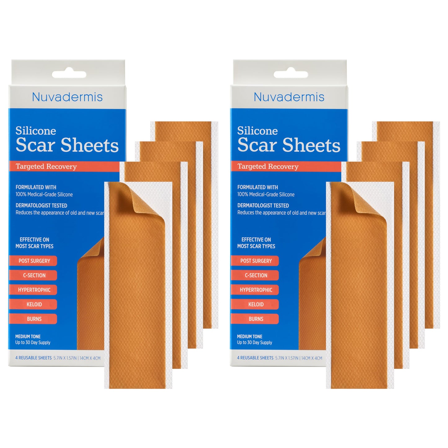 NUVADERMIS Silicone Scar Sheets - Extra Long Scar Sheets for C-Section, Tummy Tuck, Keloid, and Surgical Scars - Reusable Medical Grade Silicone Scar Sheets - 2 Packs of 4 - Medium Tone