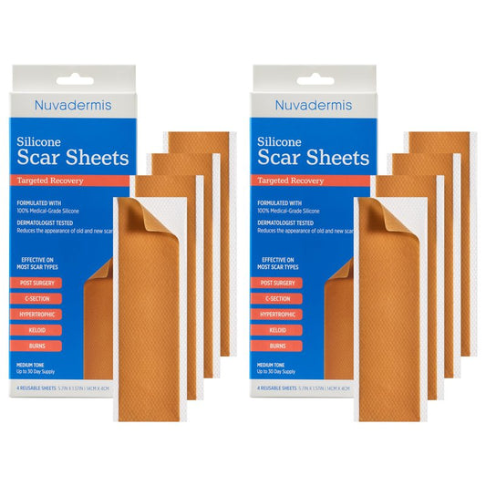 NUVADERMIS Silicone Scar Sheets - Extra Long Scar Sheets for C-Section, Tummy Tuck, Keloid, and Surgical Scars - Reusable Medical Grade Silicone Scar Sheets - 2 Packs of 4 - Medium Tone